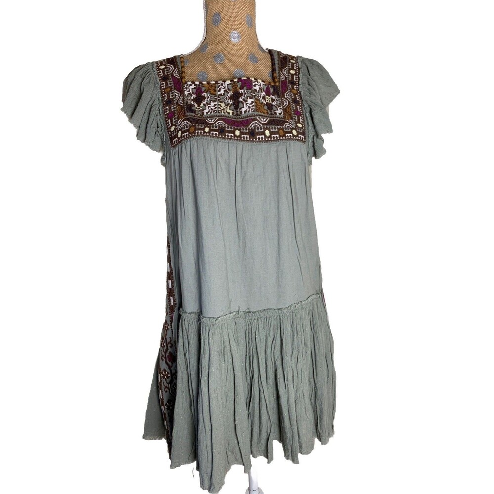 FREE PEOPLE Sz XS Day Glow Mini Dress Spanish Moss Boho Hippie Festival - Picture 2 of 13